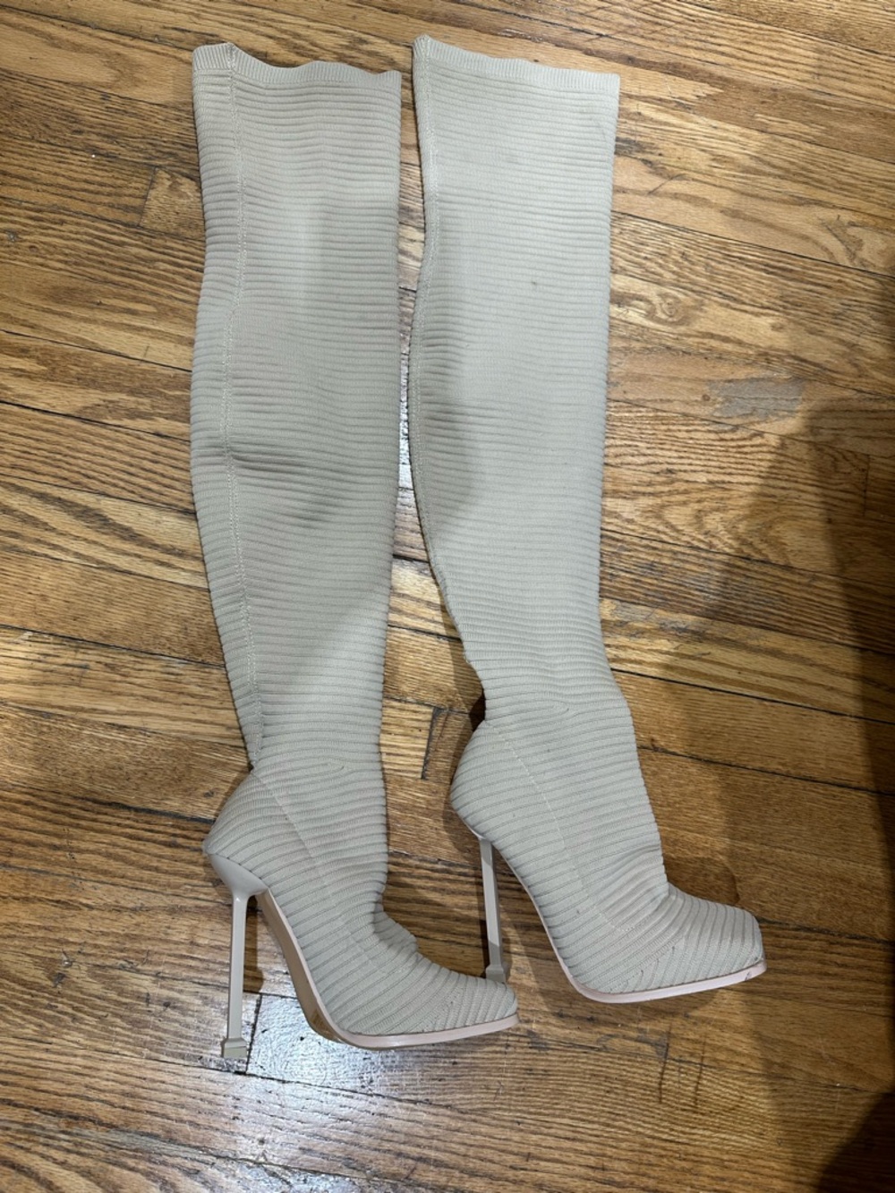 Knee-High Stretch Sock Stiletto Boots - Cream